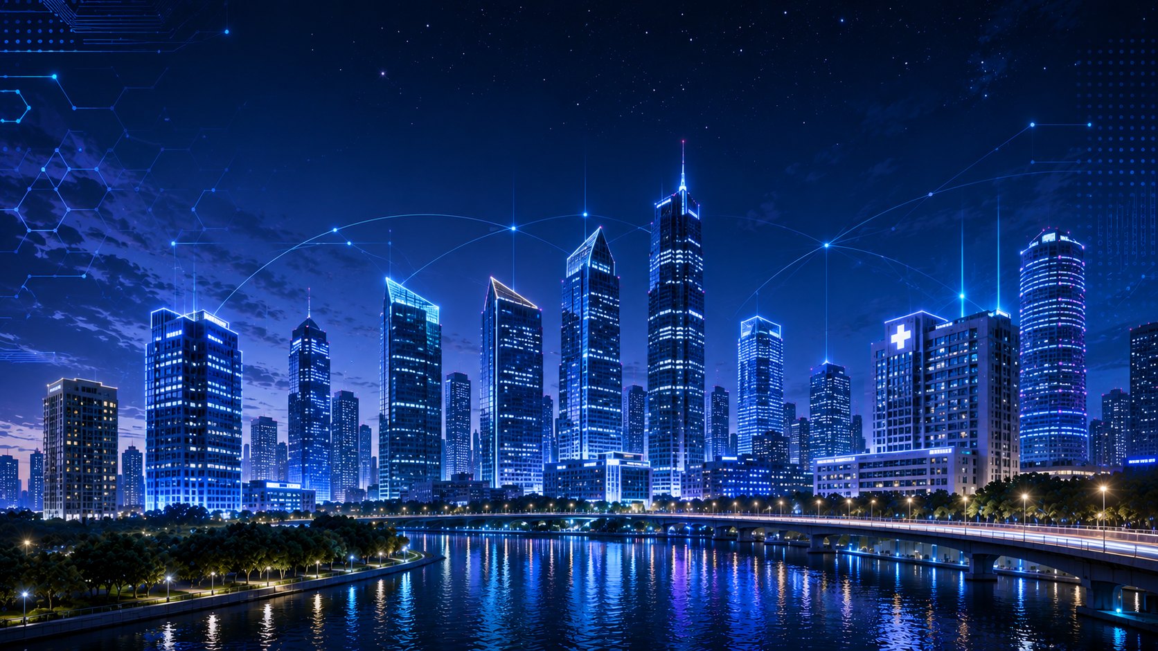 A connected city skyline at night — digital network links span illuminated office towers and a hospital across the river